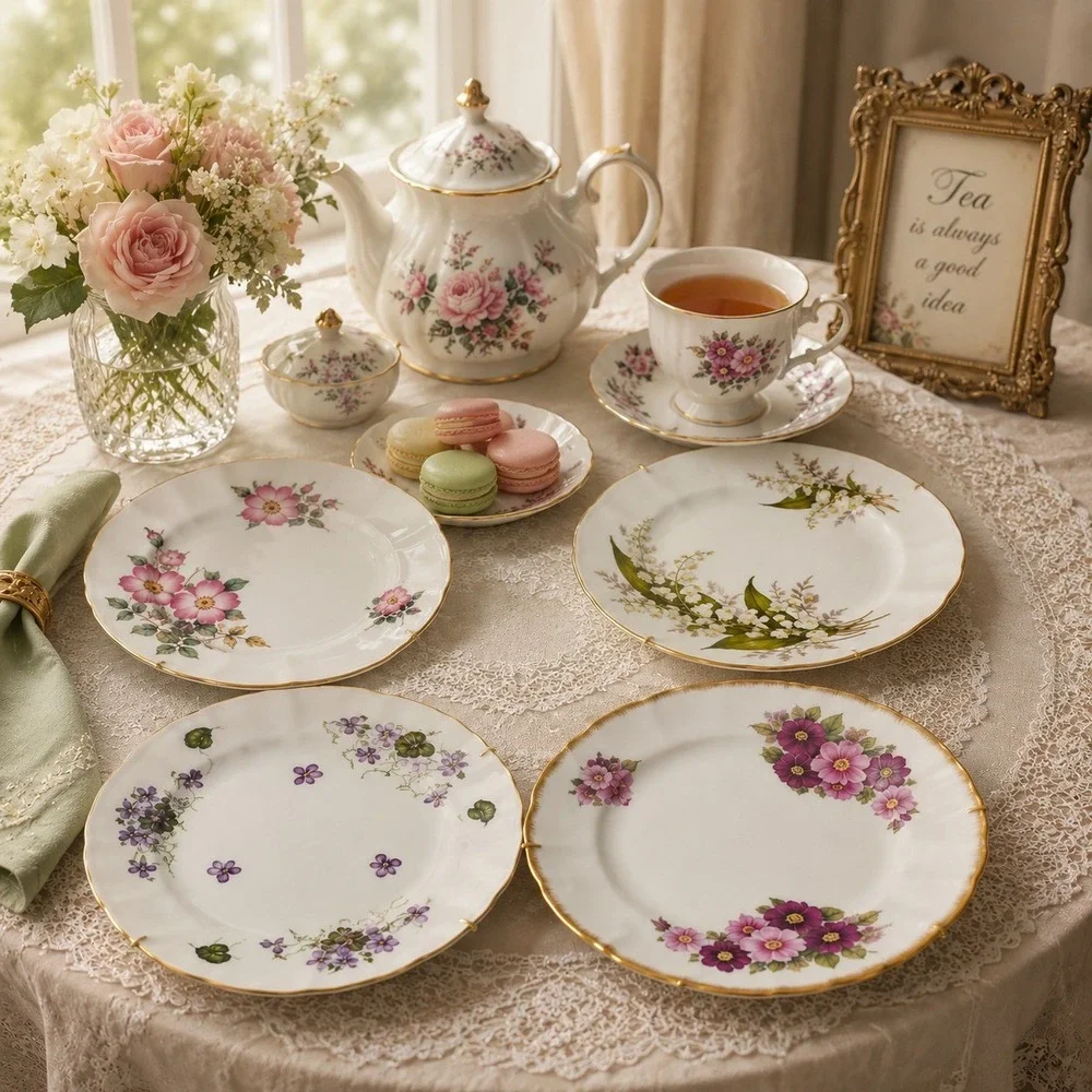 Adderley Salad Plates‎ Women White Floral Gold Rim Fine Bone China Set of 4